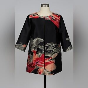 Ming Wang Abstract Floral Watercolor Jacket Black Pink Red Open Front Size M